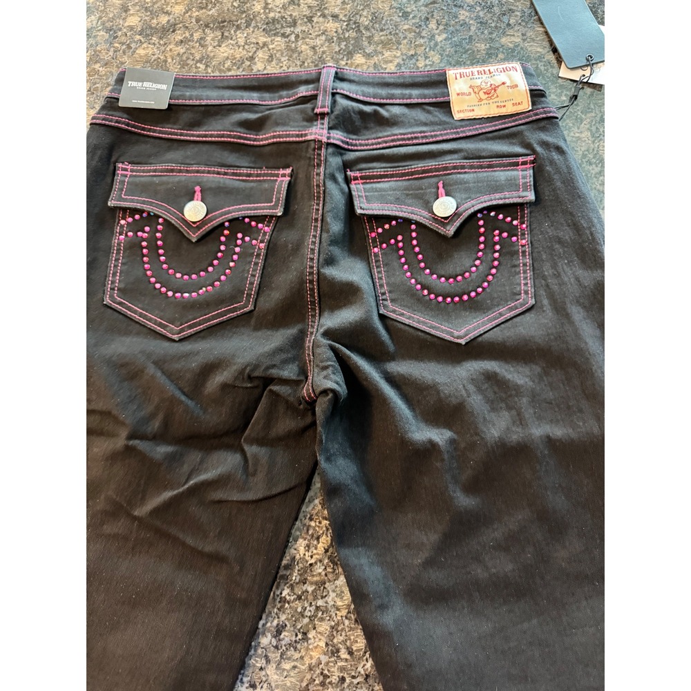 True Religion Jennie Curvy Super Skinny Jeans Black Pink Crystal‎ Flap Sz 31 NWT